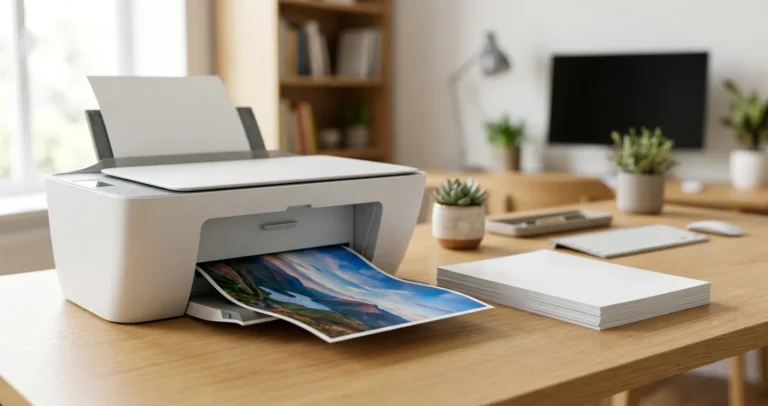 Configurar impresora para papel fotográfico - impresora de inyección expulsando una foto impresa en papel brillante