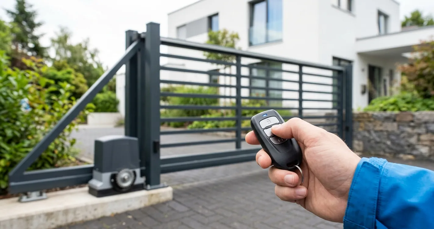 Configurar control remoto de portón eléctrico - mano con mando frente a portón corredizo automático