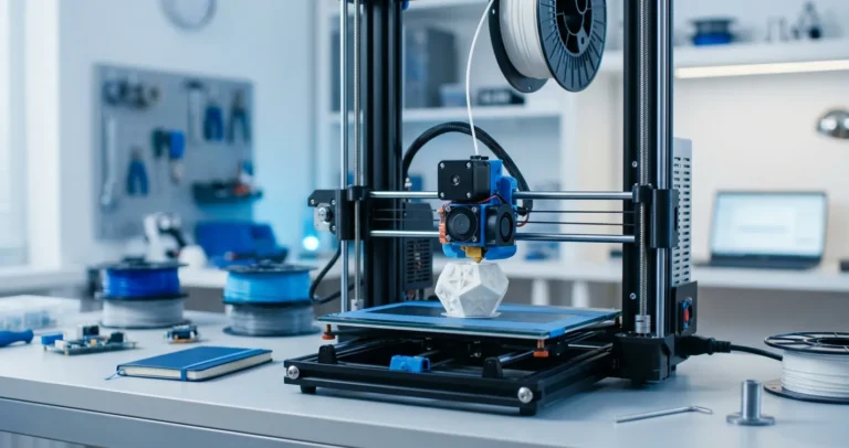 Impresora 3D de escritorio configurada e imprimiendo una pieza sobre la cama caliente
