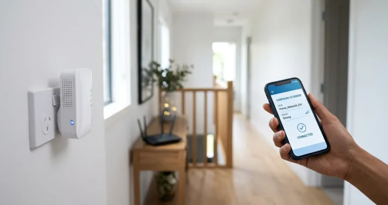 Configurar extensor WiFi Linksys - extensor de red enchufado en la pared de una casa junto a un router