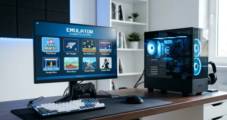 Configurar emulador Nintendo Switch en PC - escritorio gaming con monitor mostrando la interfaz de un emulador y un mando conectado