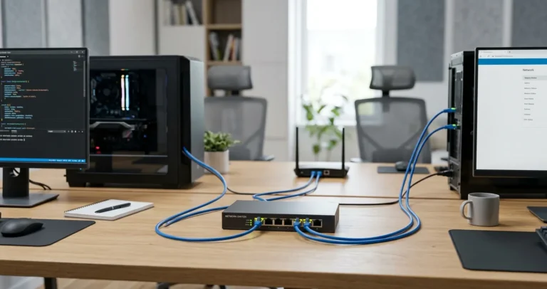 Configurar red LAN en Windows 10 - Dos computadoras conectadas por cable Ethernet a un switch de red