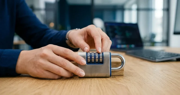 Configurar candado con clave - manos girando las ruedas numéricas de un candado de combinación de cuatro dígitos