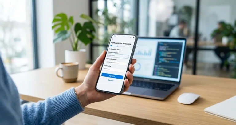 Configurar correo corporativo en celular: smartphone mostrando la pantalla de configuración de una cuenta de correo empresarial