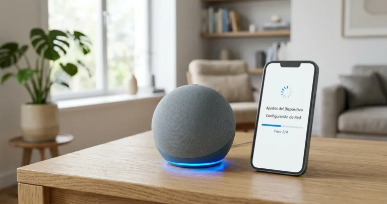 Configurar Echo Dot: altavoz inteligente con anillo azul encendido junto a un celular en proceso de configuración