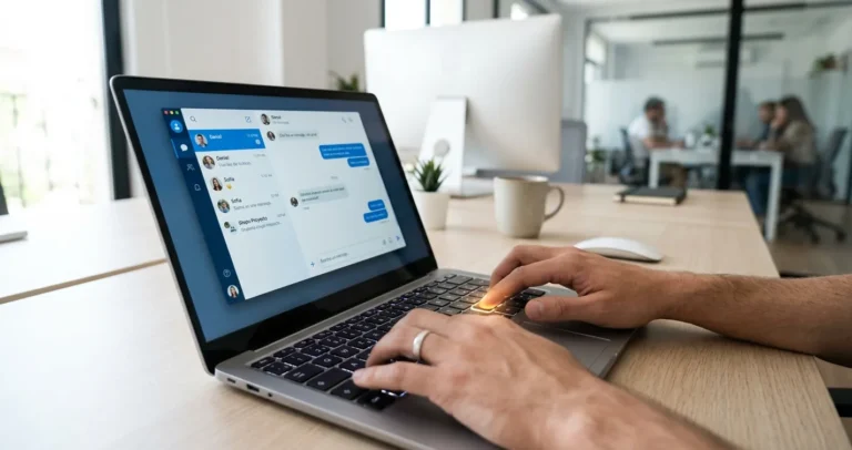 Configurar tecla Enter en WhatsApp Web: manos escribiendo en el teclado de una laptop con la app de mensajería abierta