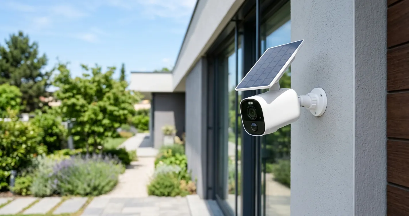 Configurar cámara de seguridad solar WiFi - cámara inalámbrica con panel solar instalada en pared exterior