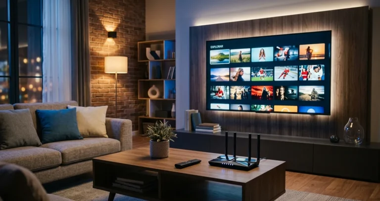 Configurar Smart TV para IPTV: televisor en sala mostrando la grilla de canales de una aplicación IPTV