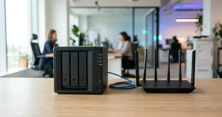 Configurar NAS Synology - Servidor de almacenamiento en red de cuatro bahías conectado por cable Ethernet a un router en un escritorio