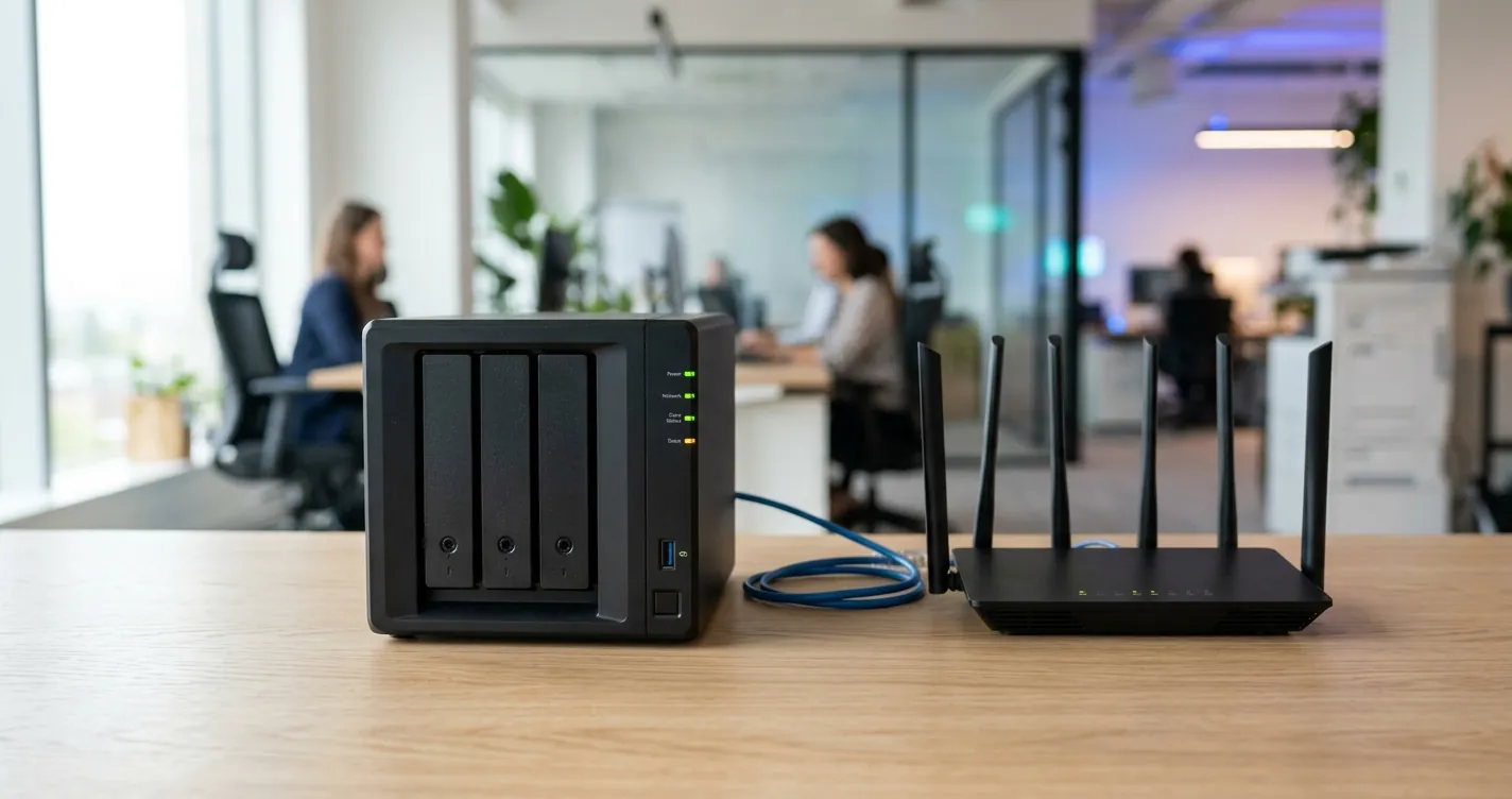 Configurar NAS Synology - Servidor de almacenamiento en red de cuatro bahías conectado por cable Ethernet a un router en un escritorio