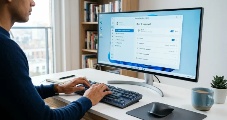 Configurar teclado PC Windows 10 - escritorio con teclado y monitor mostrando el panel de ajustes de idioma
