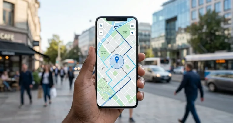 Configurar ubicación en Google Maps: smartphone mostrando el punto azul de posición actual en el mapa