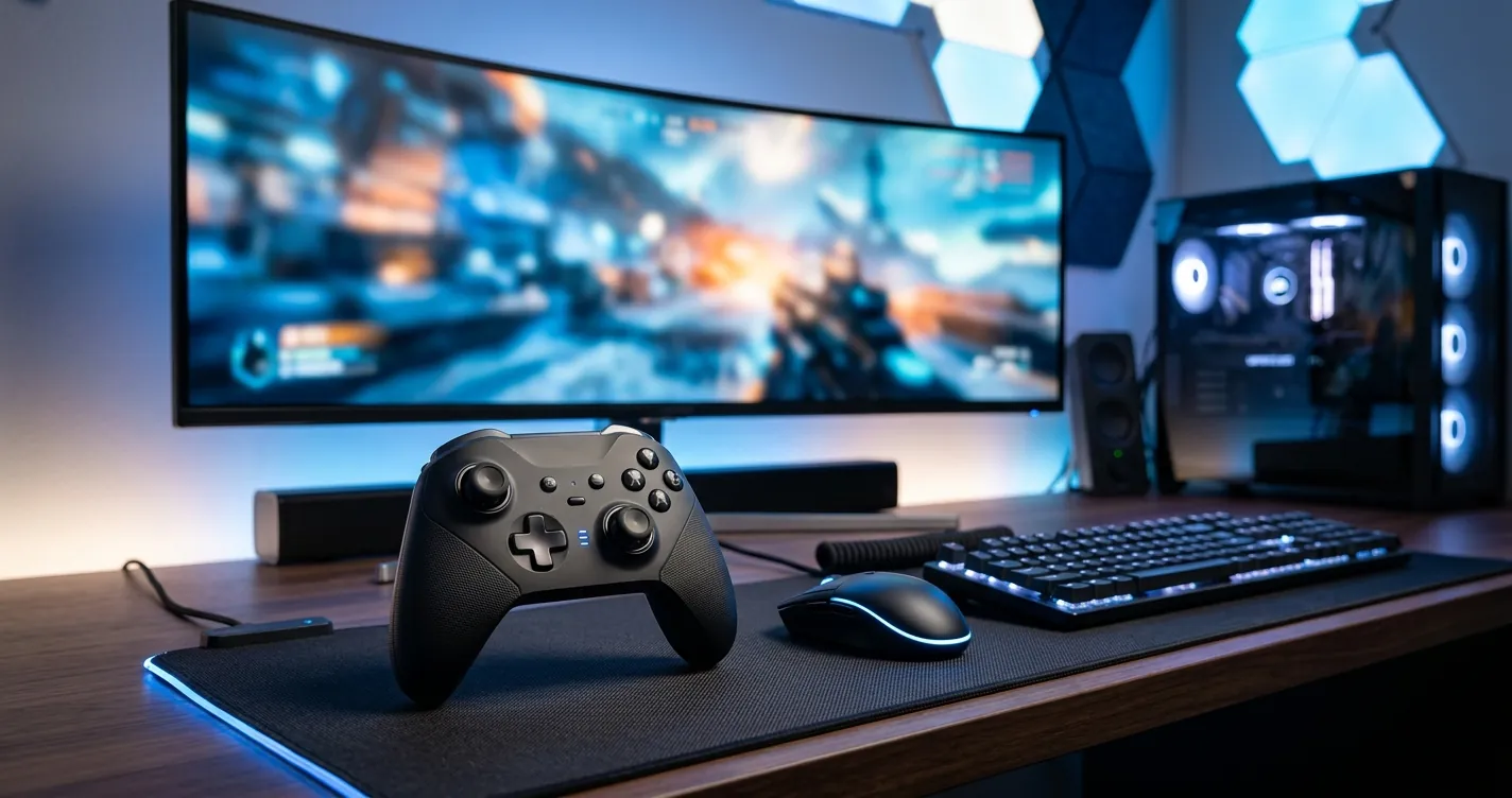 Configurar mando en Epic Games - Gamepad inalámbrico sobre escritorio frente a PC gamer
