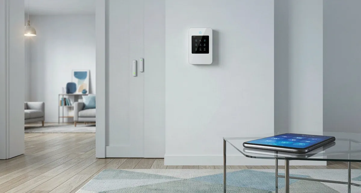 Configurar alarma WiFi casa: central de alarma en la pared, sensores en la puerta y app de control en el celular