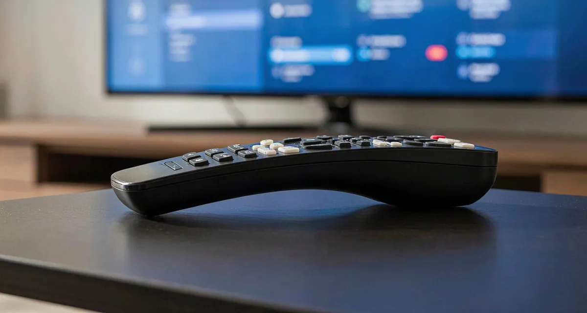 How to program tv remote: control universal para TV con la tabla de códigos por marca sobre una mesa de sala 2026