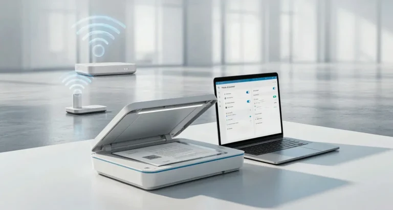 Conectar escáner al dispositivo en windows: multifuncional escaneando un documento mientras Windows muestra el escáner en red agregado en 2026
