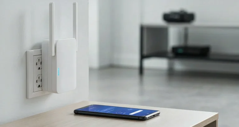 Configurar repetidor WiFi TP-Link: repetidor de pared con antenas encendido junto al router y el celular mostrando el panel tplinkrepeater.net en español 2026