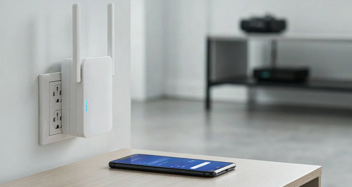 Configurar repetidor WiFi TP-Link: repetidor de pared con antenas encendido junto al router y el celular mostrando el panel tplinkrepeater.net en español 2026