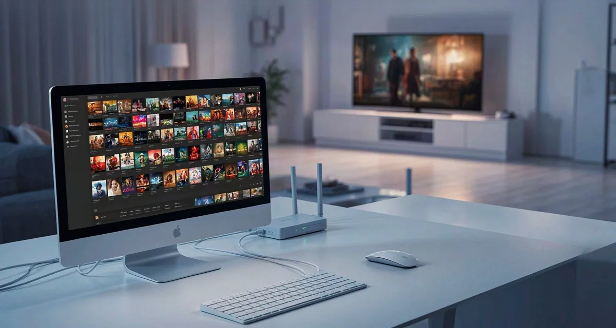 Configurar servidor Plex en PC: computadora con la biblioteca de películas abierta y un televisor reproduciendo el mismo video en streaming local 2026