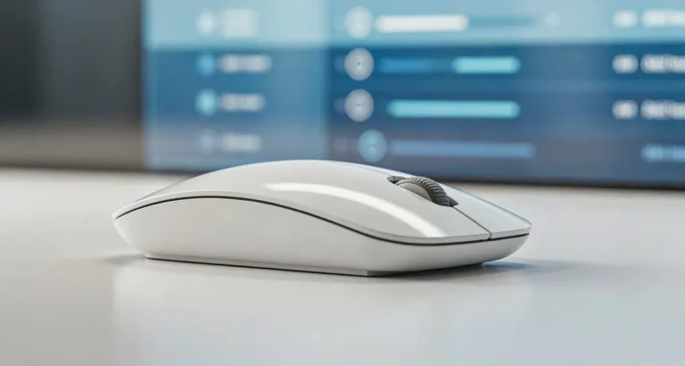 Configurar scroll del mouse en Windows 10 y 11: mouse inalámbrico con la rueda de desplazamiento en primer plano y la pantalla de configuración de Windows abierta (2026)