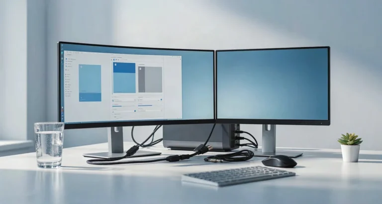 Configurar doble monitor Windows 10 y 11: dos monitores sobre un escritorio ordenado con el panel de doble pantalla configuración abierto en la pantalla principal (2026)