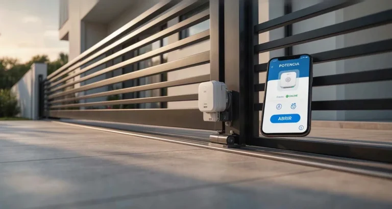 Configurar control portón eléctrico app en el celular: módulo WiFi montado junto al motor de un portón corredizo y la app de hogar inteligente abierta en un smartphone (2026)