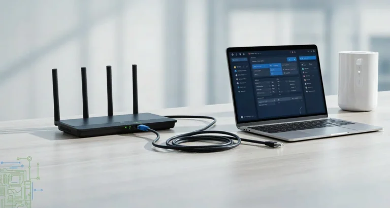 Configurar router MikroTik Winbox en Windows: ventana de Winbox 4 con el menú IP abierto y un router MikroTik de escritorio conectado por cable de red (2026)