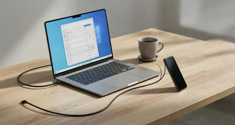 Configurar tiempo de bloqueo Windows 2026: laptop abierta con la ventana de energía de Windows, el desplegable de apagado de pantalla y un reloj de escritorio al lado