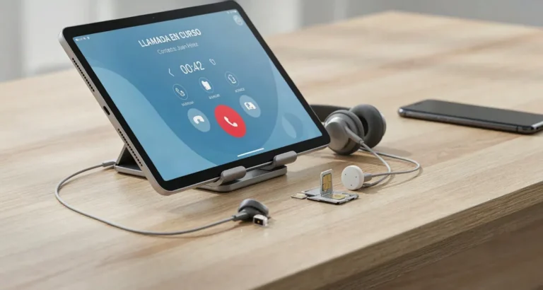 Hacer llamadas desde mi tablet: tablet con chip y app de llamadas abierta sobre un escritorio, junto a auriculares con micrófono y un smartphone al lado (2026)