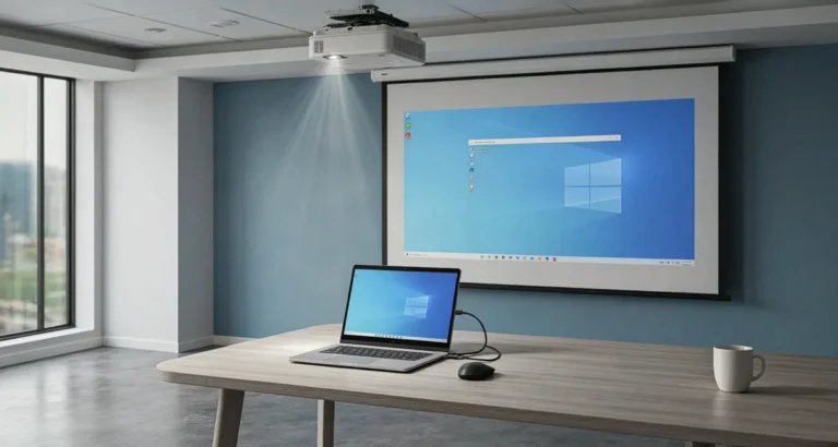 Configurar proyector en Windows 10: notebook conectada por cable HDMI a un proyector con el panel de proyección de Windows abierto, sobre una mesa de sala de reuniones (2026)