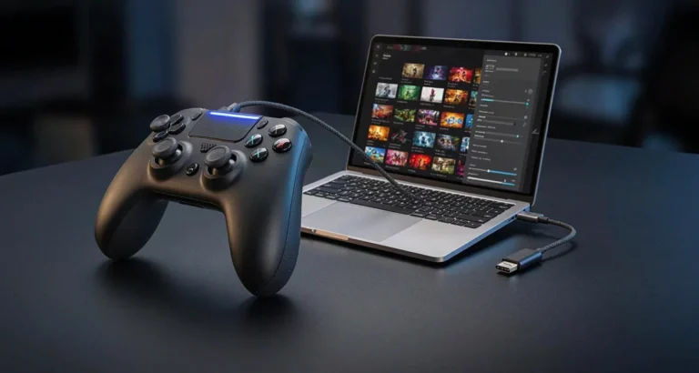Configurar mando PS5 en PC: control tipo DualSense con barra luminosa azul conectado por cable USB-C a una notebook con el panel de configuración de controlador abierto (2026)