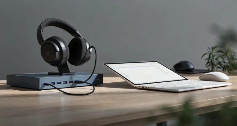 Como configurar los audifonos en la computadora: auriculares con cable conectados a la PC y la ventana de sonido de Windows 10 con el dispositivo de salida predeterminado seleccionado (2026)