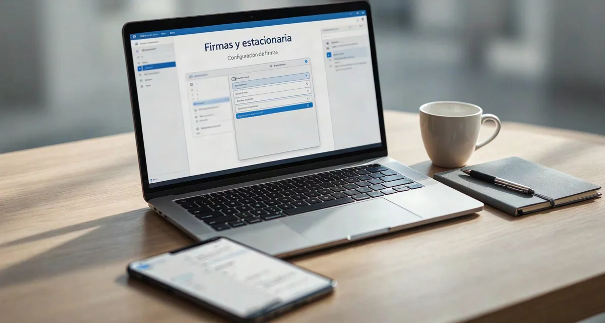 Como configurar pie de firma en Outlook: laptop con la ventana de Firmas abierta, la firma nueva seleccionada para mensajes nuevos y respuestas, y un teléfono con la app de correo al lado (2026)