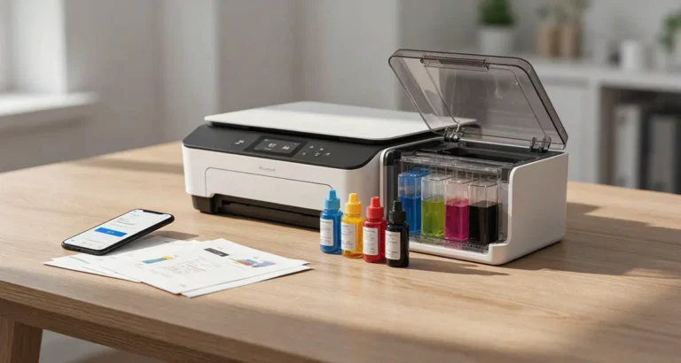 HP Smart Tank 515: impresora multifuncional de tanque de tinta en un escritorio con las botellas de tinta y un celular con la app de impresión al lado (2026)