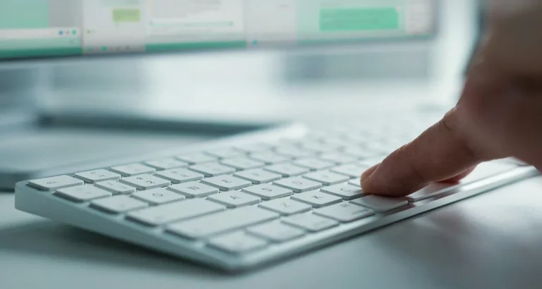 Enter WhatsApp Web: dedo sobre la tecla Enter de un teclado de computadora frente a la pantalla con una conversación de chat abierta (2026)