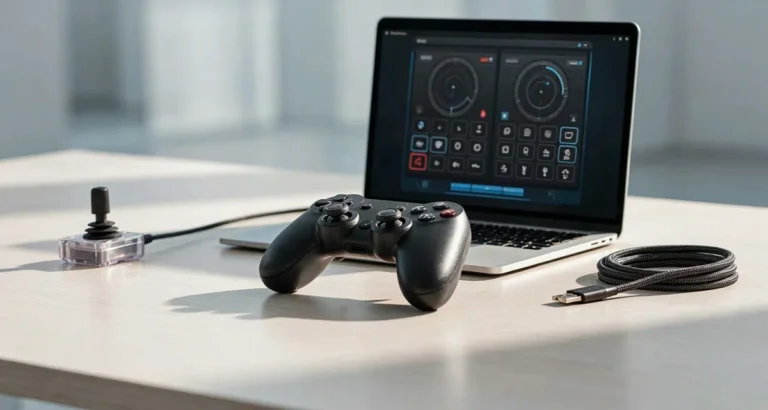 Configurar cualquier mando para PC: control inalámbrico y joystick USB conectados a una laptop con el panel de dispositivos de juego abierto (2026)