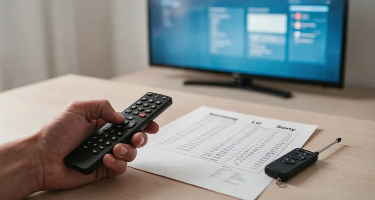 Cómo configurar un control universal para TV: mano con control remoto universal apuntando a un televisor encendido, con tabla de códigos por marca sobre la mesa, guía 2026
